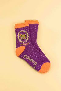 A-Z ALPHABET MONOGRAM LETTER ANKLE SOCKS-POWDER