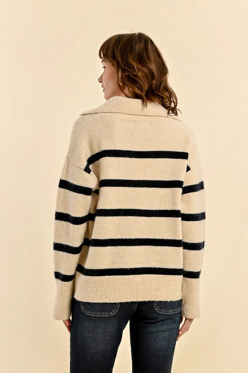 STRIPED POLO-STYLE SWEATER-OFFWHITE/NAVY-MOLLY BRACKEN