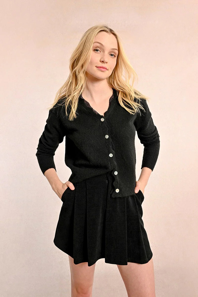 SCALLOPED CARDIGAN W/LACE-BLACK-MOLLY BRACKEN