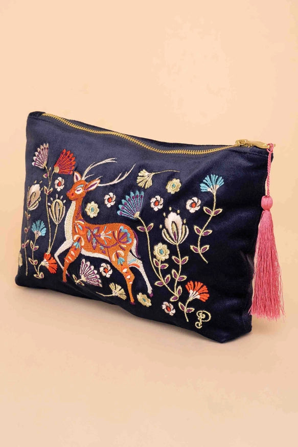 FOLKART DEER SLATE VELVET POUCH-POWDER