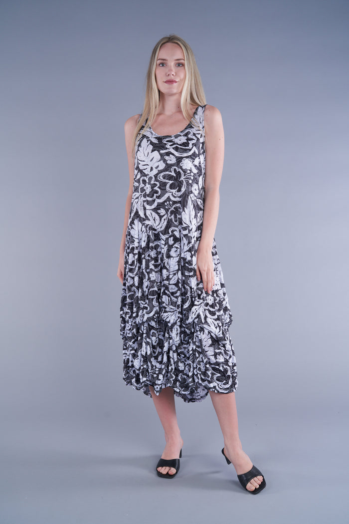 BLACK/WHITE FLORAL PRINT LONG CRINKLE TANK DRESS W/ TIES-SHANA