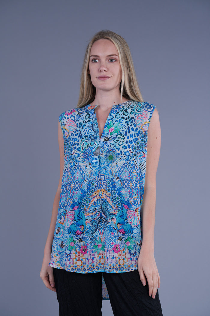 BLUE FLORAL SPLIT NECK TANK BLOUSE-SHANA