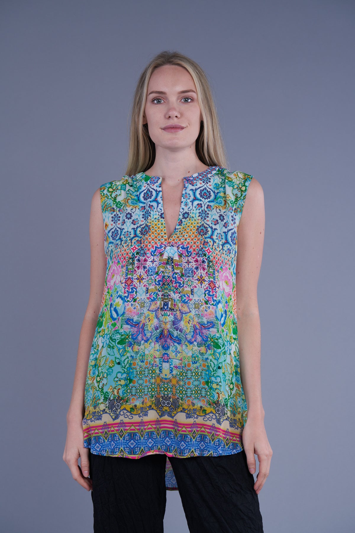 GREEN FLORAL SPLIT NECK TANK BLOUSE-SHANA