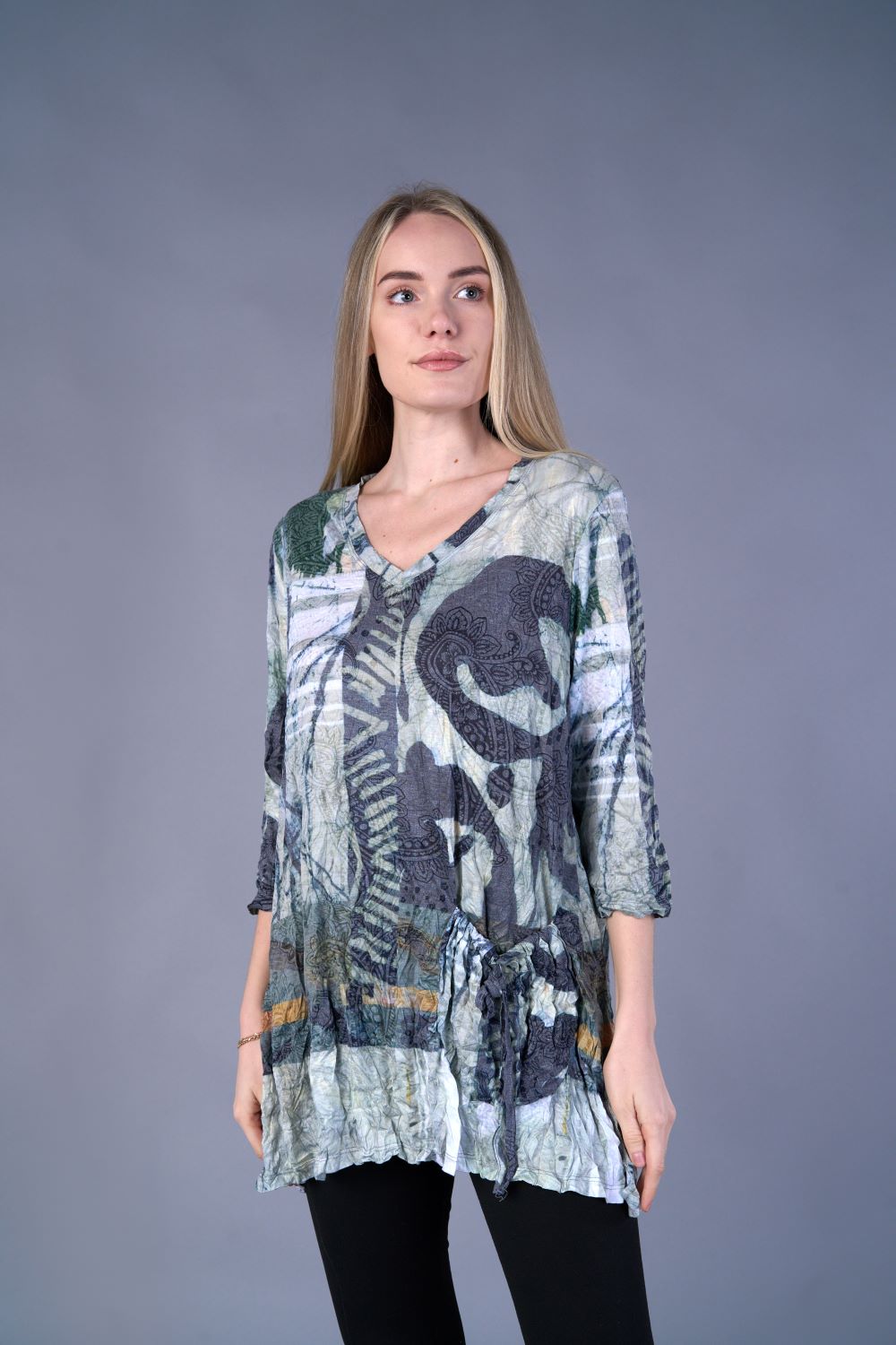 V-NECK GREEN PRINT CRINKLE TUNIC-SHANA