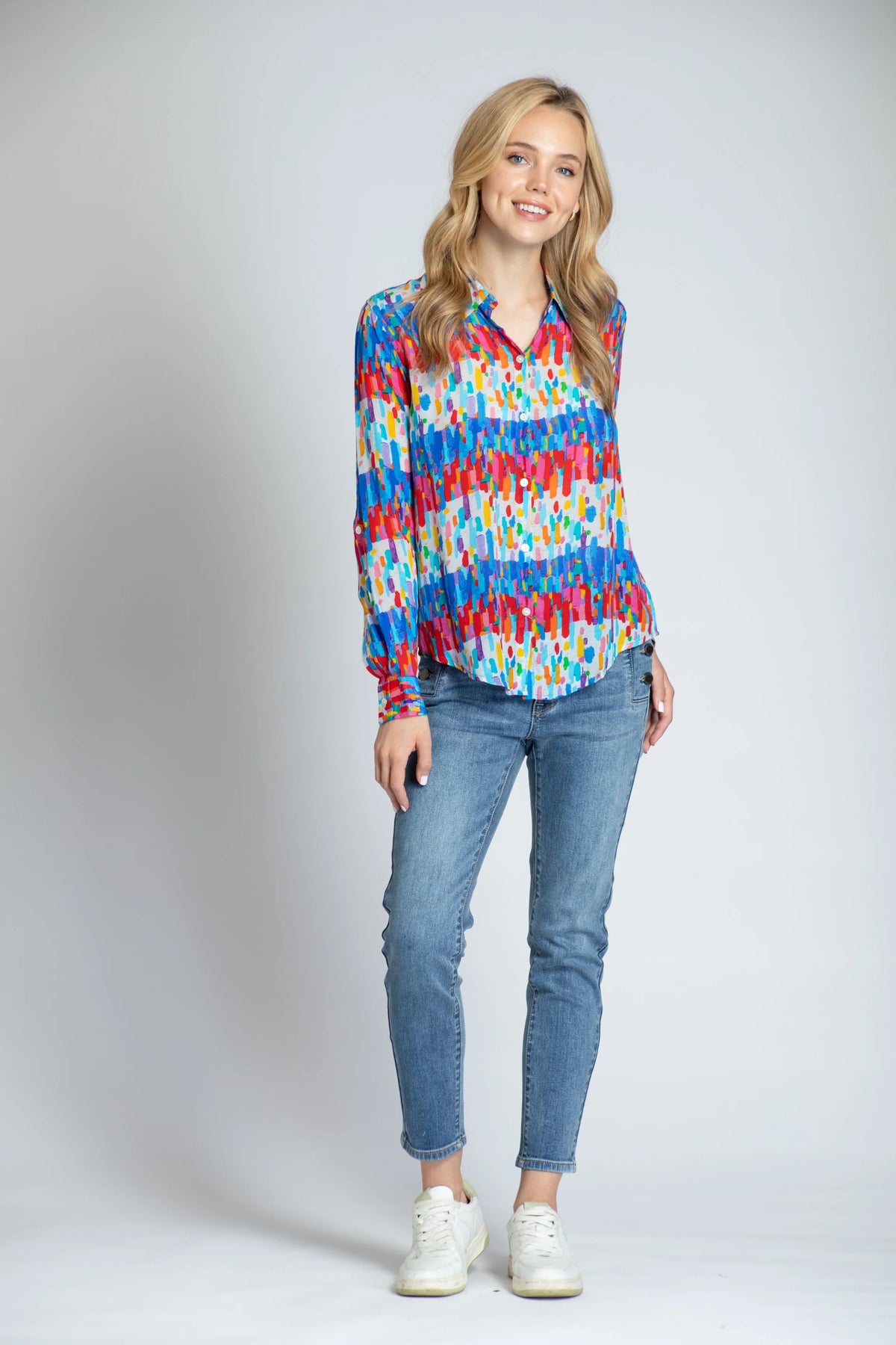 FIREWORKS BUTTON-UP ROLL SLEEVE BLOUSE-APNY