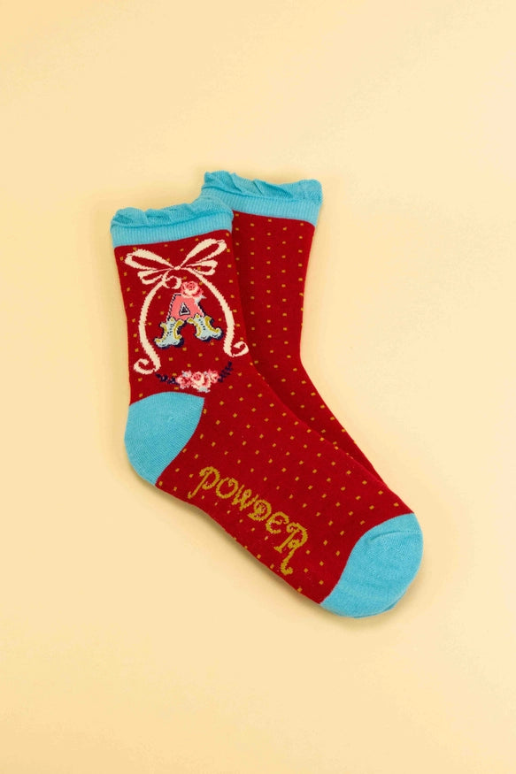 A-Z ALPHABET MONOGRAM LETTER ANKLE SOCKS-POWDER