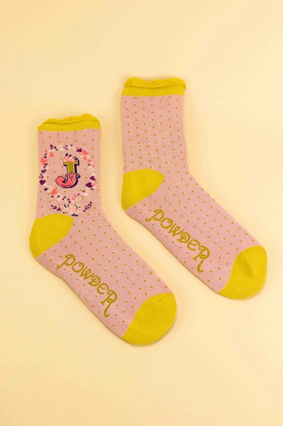 A-Z ALPHABET MONOGRAM LETTER ANKLE SOCKS-POWDER