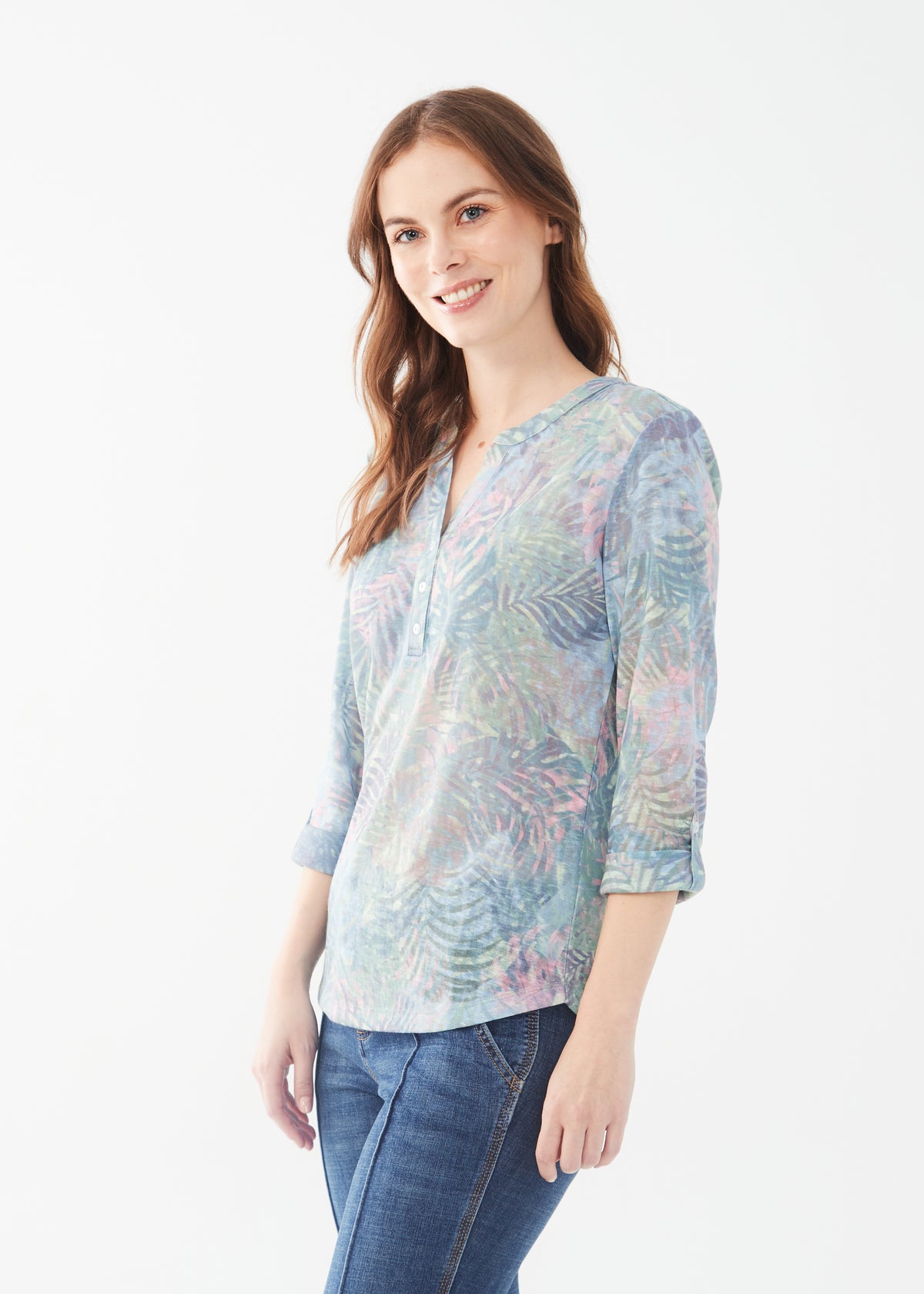 3/4 SLEEVE FERN HENLEY PRINT BLOUSE-FDJ FRENCH DRESSING