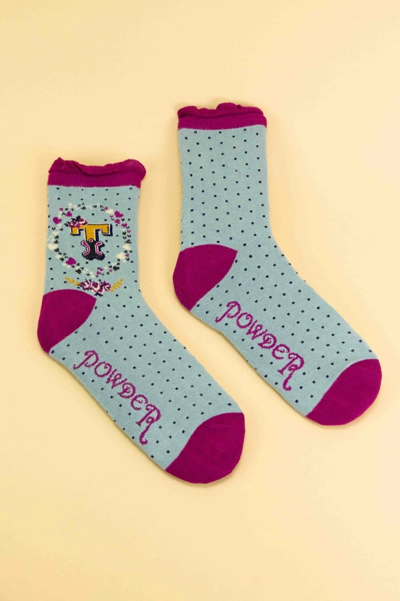 A-Z ALPHABET MONOGRAM LETTER ANKLE SOCKS-POWDER