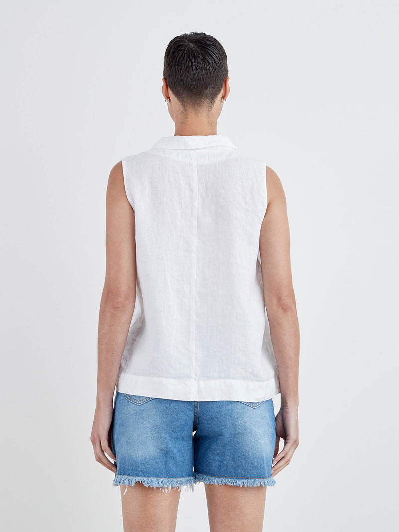 SLEEVELESS COLLAR HANKY LINEN-WHITE-CUT LOOSE