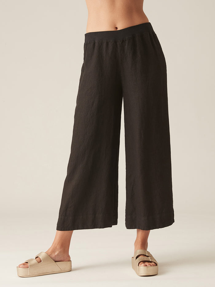 CROP GAUCHO LINEN PANT-BLACK-CUT LOOSE