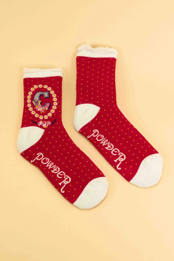 A-Z ALPHABET MONOGRAM LETTER ANKLE SOCKS-POWDER