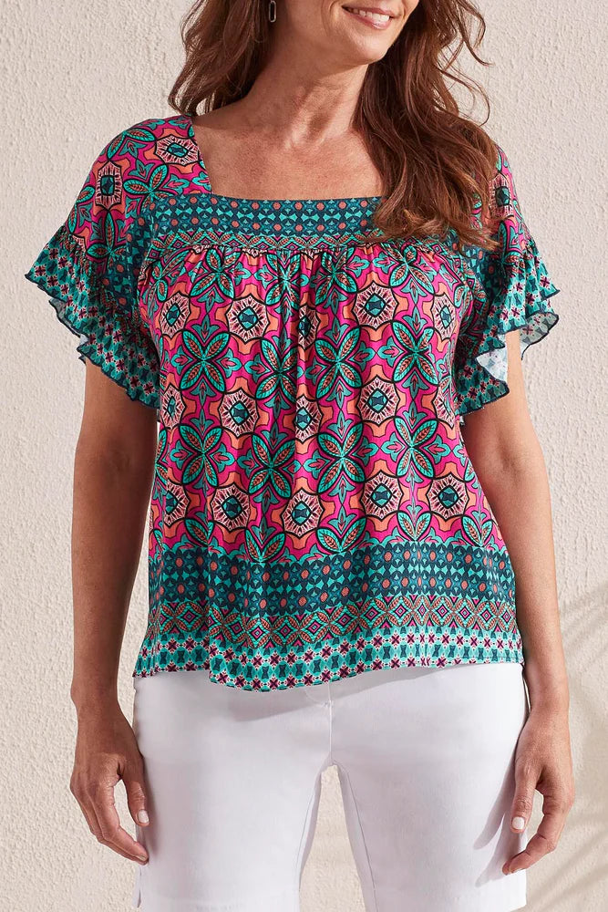 RUFFLE SLEEVE BLOUSE W/BACK TIE DETAIL-TRIBAL