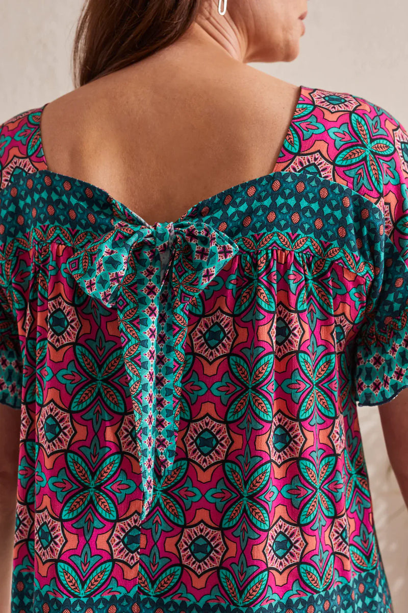 RUFFLE SLEEVE BLOUSE W/BACK TIE DETAIL-TRIBAL