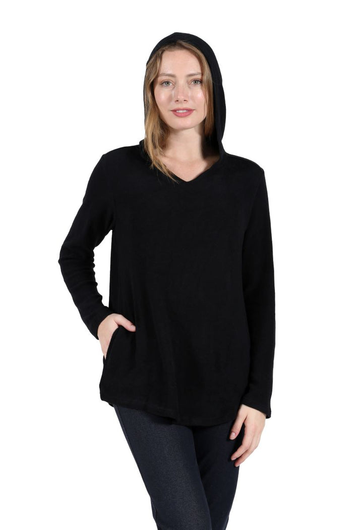 COZY HOODIE PULL-OVER W/POCKETS-BLACK-LA CERA