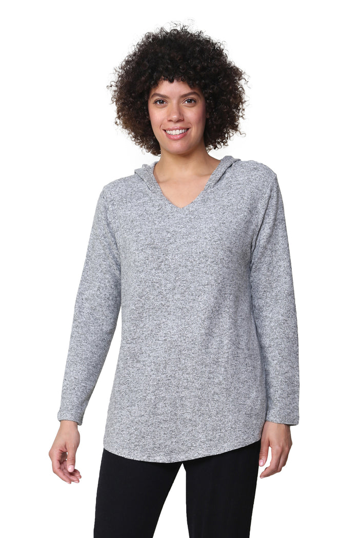 COZY HOODIE PULL-OVER W/POCKETS-HEATHER GREY-LA CERA