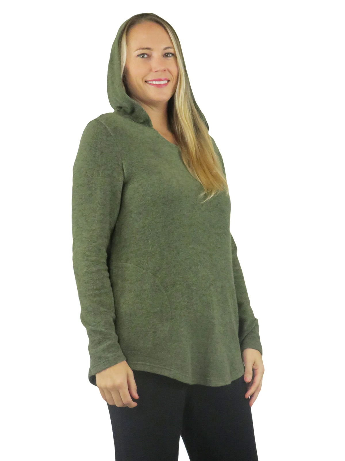 COZY HOODIE PULL-OVER W/POCKETS-HEATHER MOSS-LA CERA