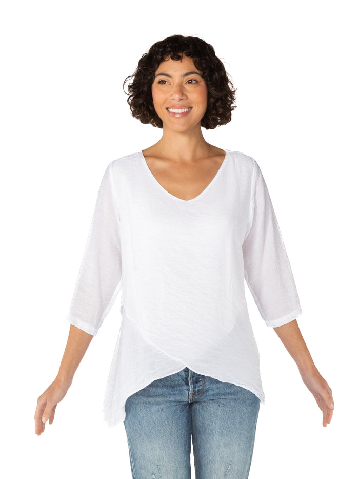 DOUBLE LAYER V-NECK 3/4 SLEEVE-WHITE-CUT LOOSE