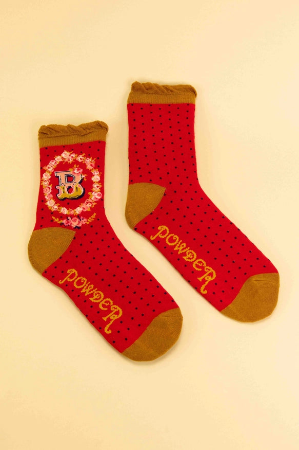 A-Z ALPHABET MONOGRAM LETTER ANKLE SOCKS-POWDER