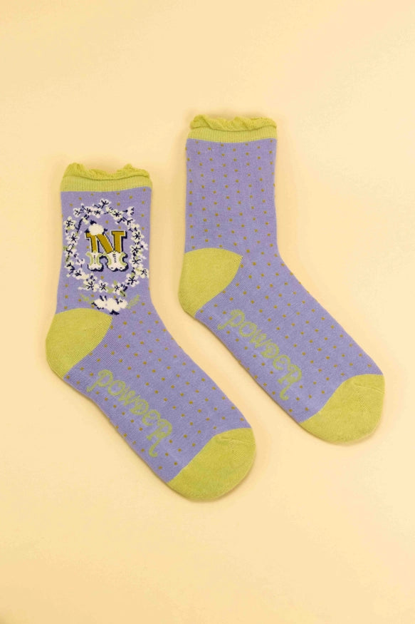 A-Z ALPHABET MONOGRAM LETTER ANKLE SOCKS-POWDER