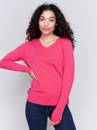 BASIC V-NECK SWEATER-MAGENTA-CHARLIE B