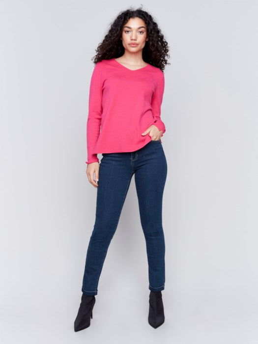 BASIC V-NECK SWEATER-MAGENTA-CHARLIE B