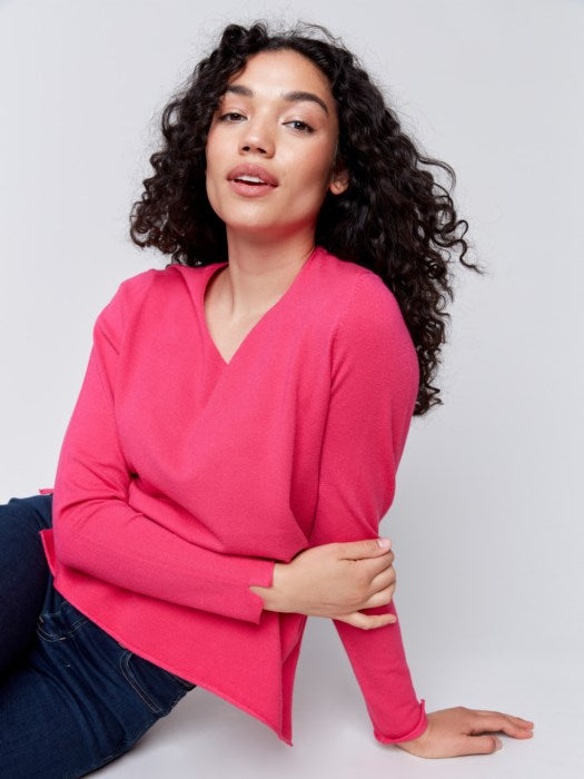 BASIC V-NECK SWEATER-MAGENTA-CHARLIE B