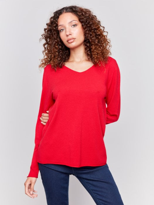 BASIC V-NECK SWEATER-CRANBERRY-CHARLIE B