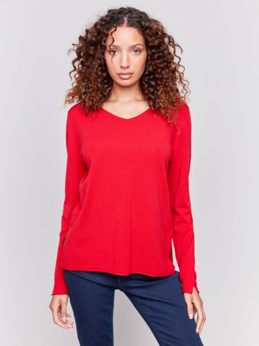 BASIC V-NECK SWEATER-CRANBERRY-CHARLIE B