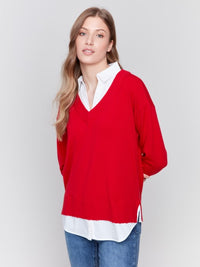 V-NECK FOOLER SWEATER W/ SHIRT COLLAR-CHARLIE B