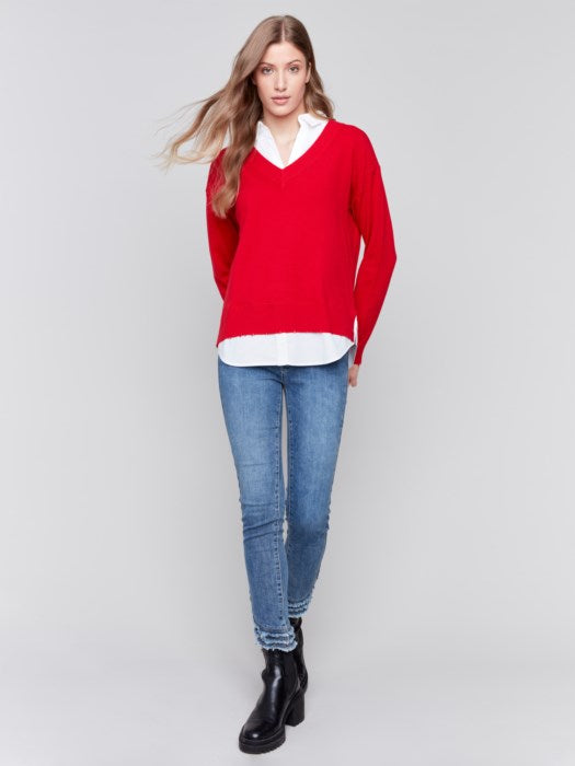 V-NECK FOOLER SWEATER W/ SHIRT COLLAR-CHARLIE B