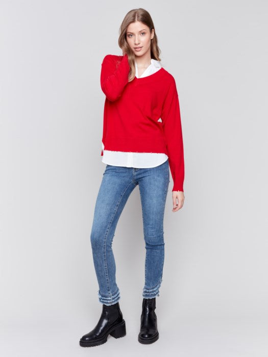 V-NECK FOOLER SWEATER W/ SHIRT COLLAR-CHARLIE B