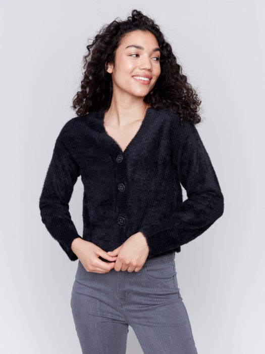 EYELASH YARN SOFT REVERSIBLE CARDIGAN-BLACK-CHARLIE B