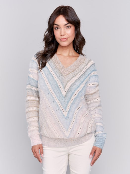 LONG SLEEVE V-NECK OPEN STITCH SWEATER-CHARLIE B