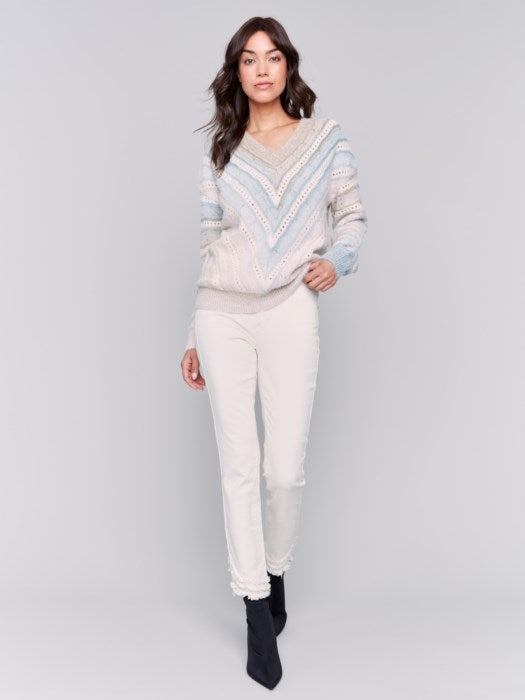 LONG SLEEVE V-NECK OPEN STITCH SWEATER-CHARLIE B