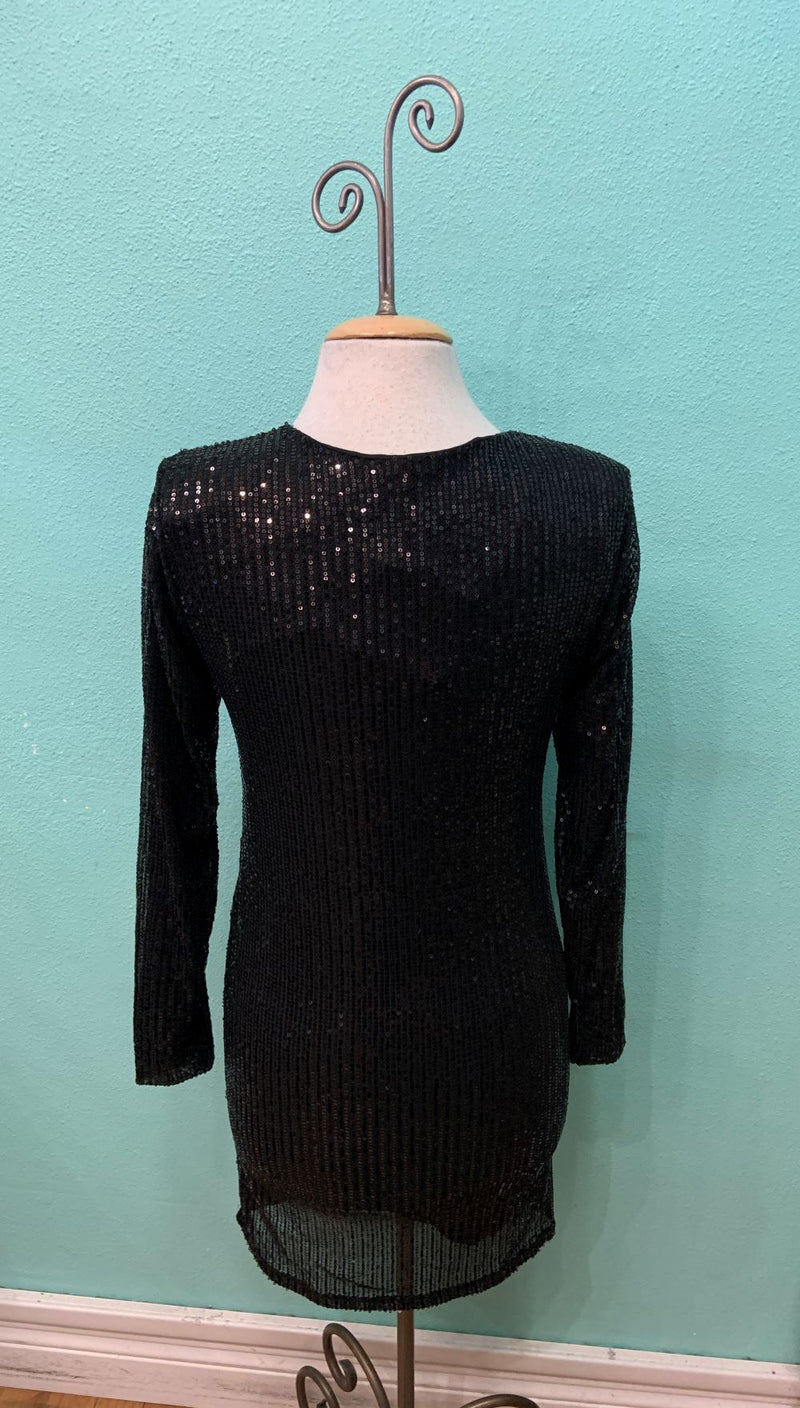 LONG SLEEVE SPARKLE SEQUIN DRESS-BLACK-ANGELA MARA