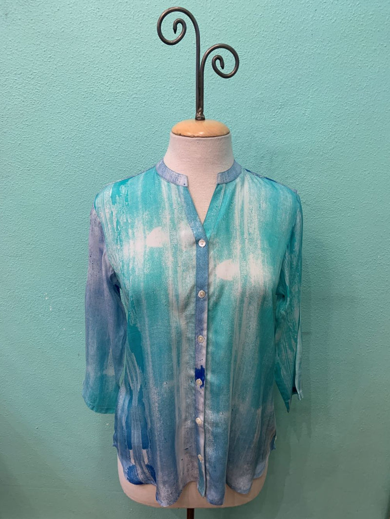 WATERCOLOR TURQUOISE 3/4 SLEEVE MANDARIN BLOUSE-APNY