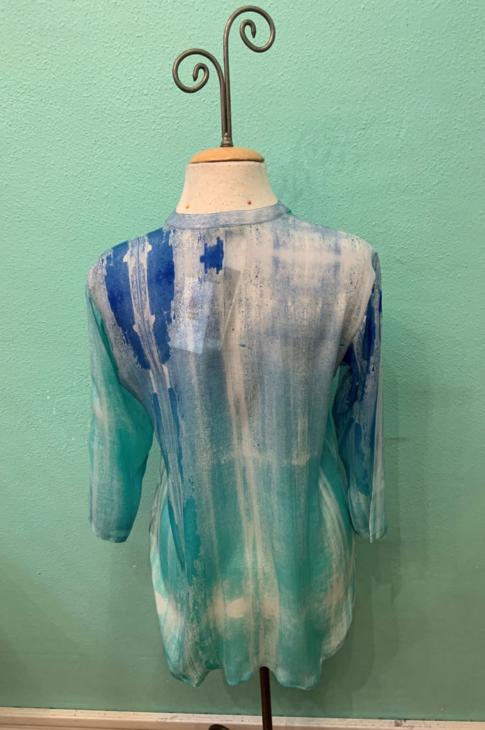 WATERCOLOR TURQUOISE 3/4 SLEEVE MANDARIN BLOUSE-APNY