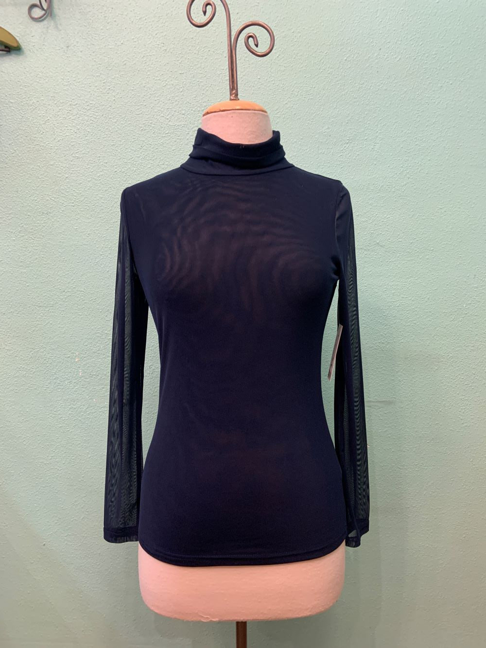 SHEER MESH L/S COWL T-NECK-NAVY-ADORE