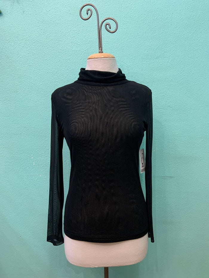 SHEER MESH L/S COWL T-NECK-BLACK-ADORE