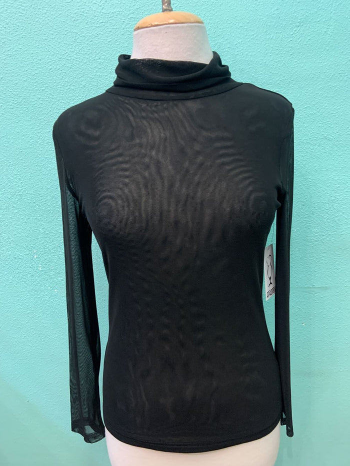 SHEER MESH L/S COWL T-NECK-BLACK-ADORE