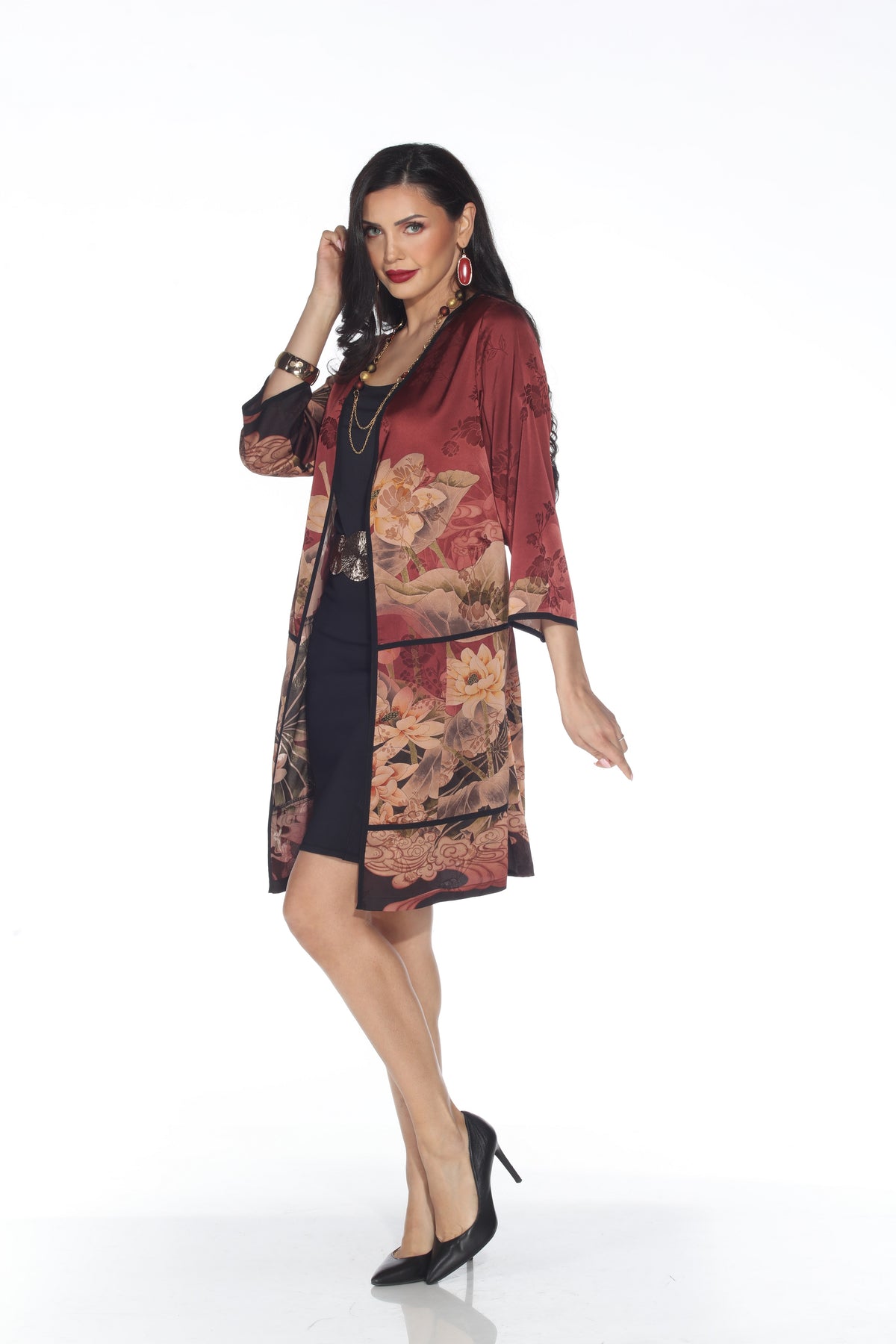 BURGUNDY GARDEN LONG DUSTER KIMONO-ARIS A