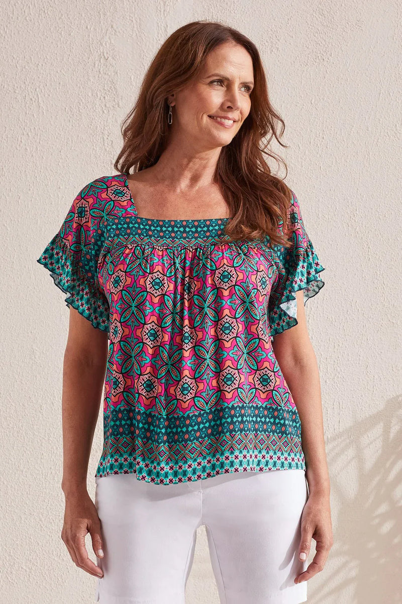 RUFFLE SLEEVE BLOUSE W/BACK TIE DETAIL-TRIBAL