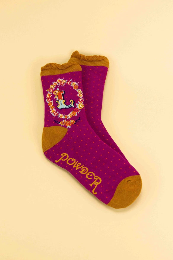 A-Z ALPHABET MONOGRAM LETTER ANKLE SOCKS-POWDER