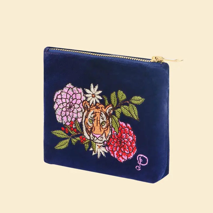 FLORAL TIGER INDIGO VELVET MINI POUCH-POWDER