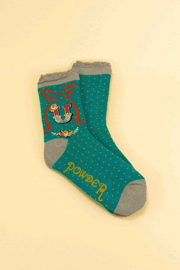 A-Z ALPHABET MONOGRAM LETTER ANKLE SOCKS-POWDER