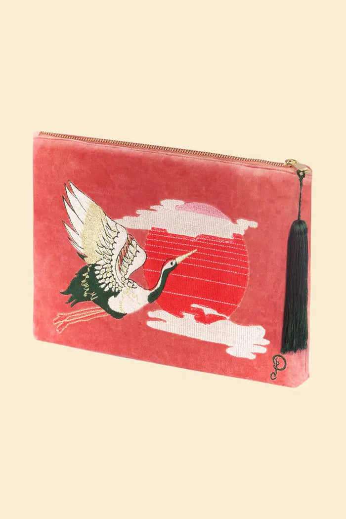 CRANE AT SUNRISE IN PETAL VELVET POUCH-POWDER