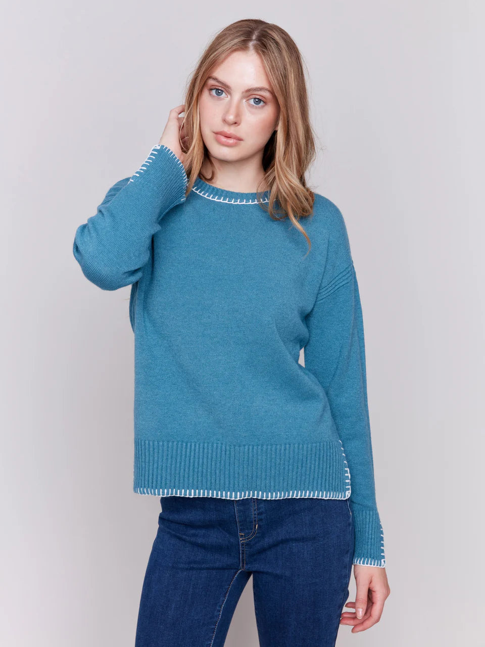 BLANKET STITCH SWEATER-PEACOCK-CHARLIE B