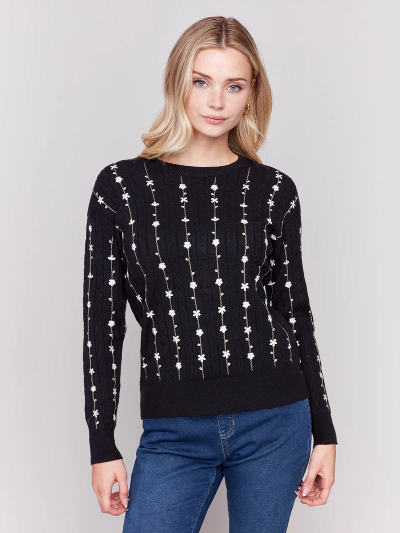 FLORAL EMBROIDERY KNIT PLUSH CREW SWEATER-CHARLIE B