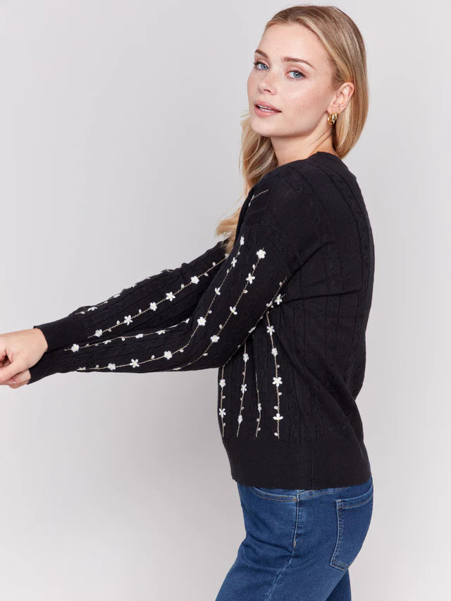 FLORAL EMBROIDERY KNIT PLUSH CREW SWEATER-CHARLIE B